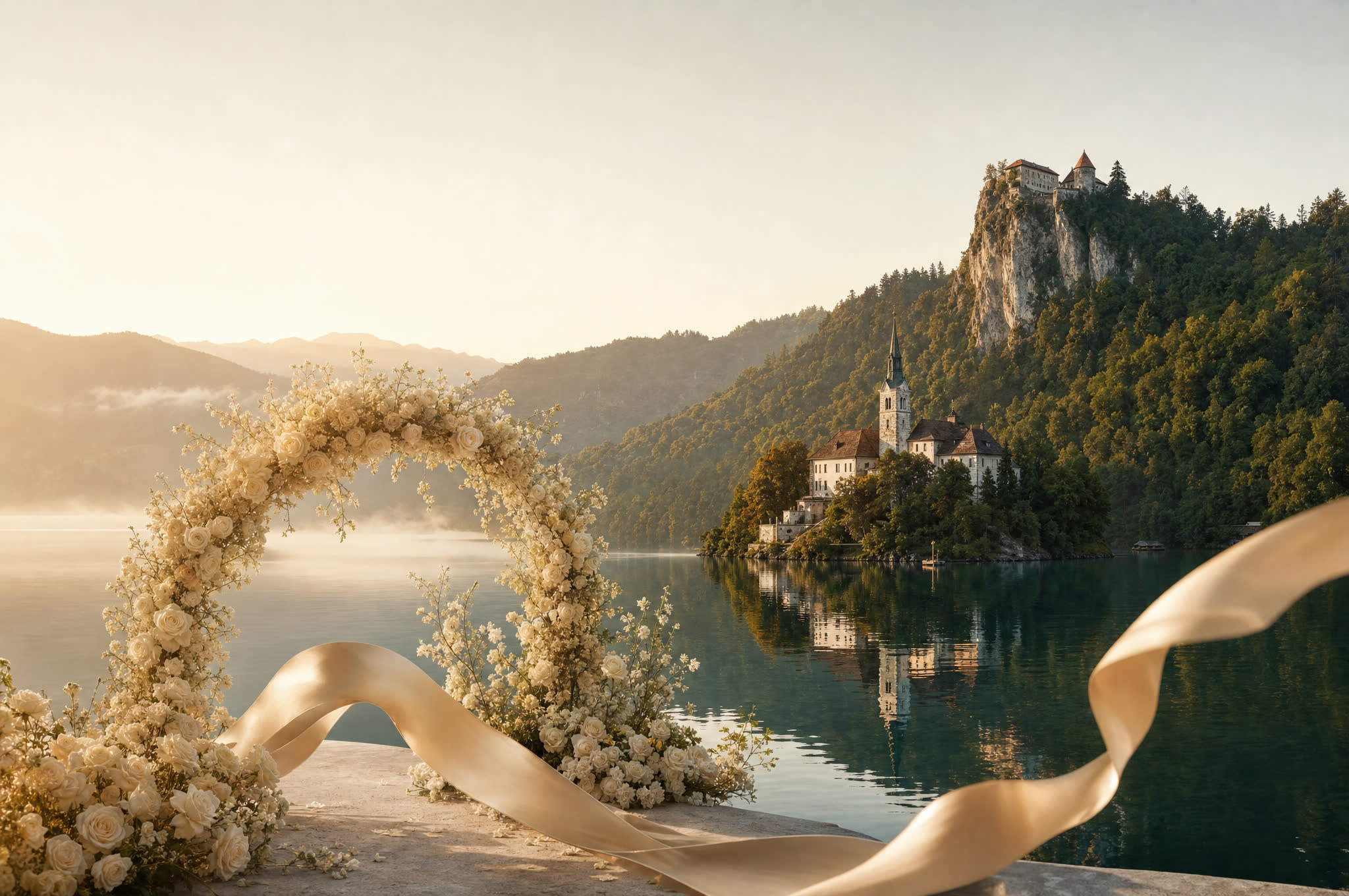 Floral wedding arch overlooking Lake Bled with Bled Island and Bled Castle